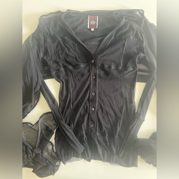 Jean Paul Gaultier mesh button front top wool trimming attached scarf 1990s SM - Picture 14 of 16